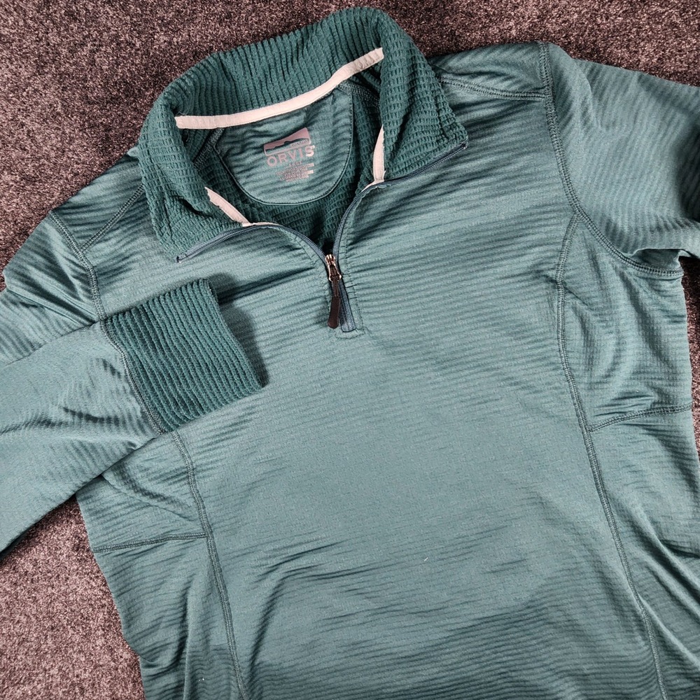 Orvis Horseshoe Hills 1/4 Zip Ribbed Pullover Women Large Teal Green  Thumbholes